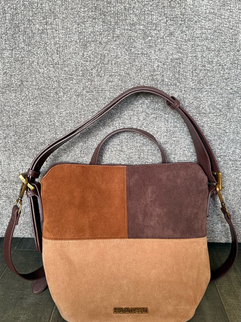 Steve Madden Suede Patchwork Shoulder Bag in Brown & Tan